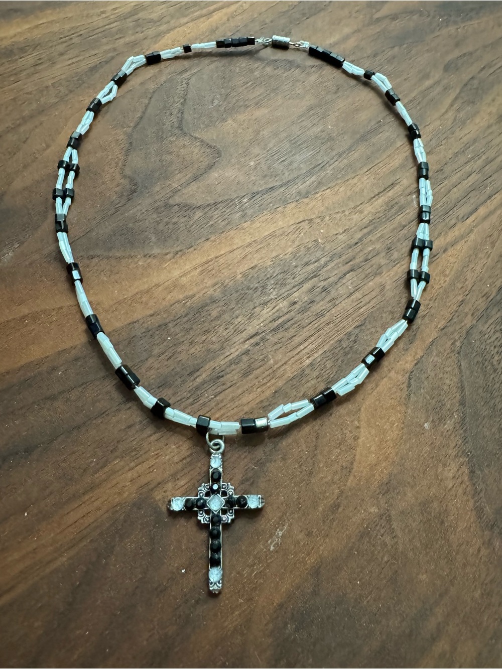 Silvertoned Religious Cross Black/White Beaded Necklace